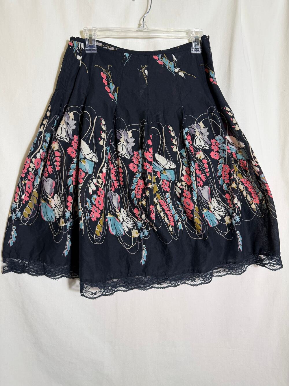 Vintage 90s Millenium Floral Cotton Midi Skirt Black Lace Hem Cottagecore Boho L